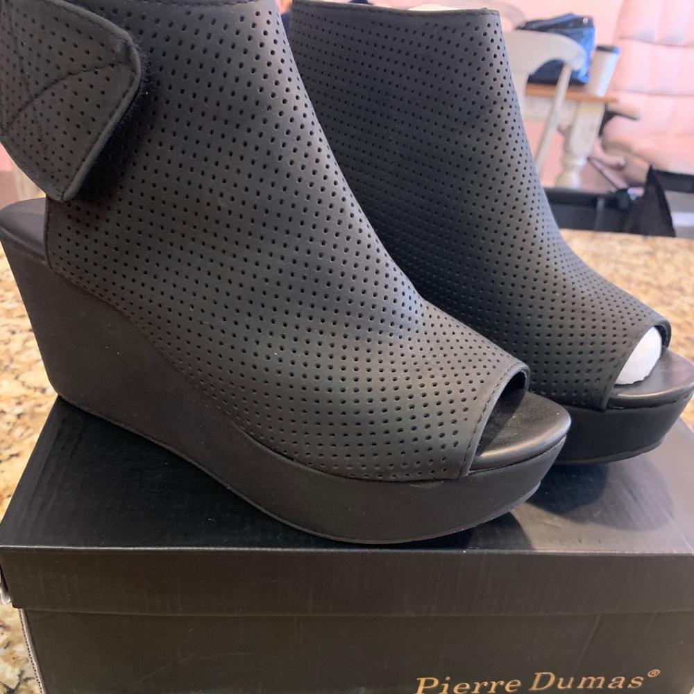 Platform Wedge Peep Toe Ankle Bootie,Black, - Picture 11 of 14